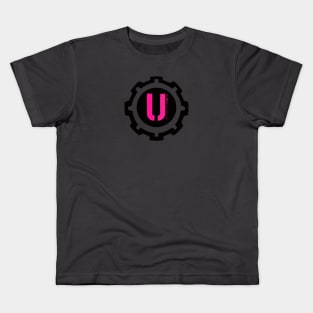 Pink Letter U in a Black Industrial Cog Kids T-Shirt